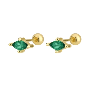 Detail of emerald marquise cut zircon ear studs with golden screw back closure