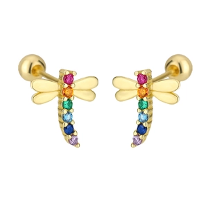 Macro shot of dragonfly screw back earring with colorful rainbow zircon stones
