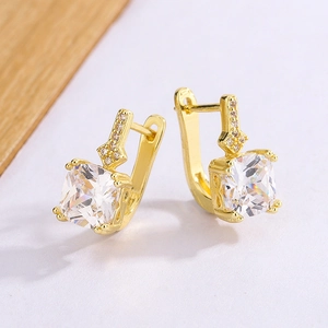 Close-up of gold square cubic zirconia earrings with micro-pave crystals and 4-prong setting
