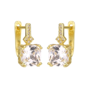 Macro detail of gold square hoop earrings featuring micro-pave diamonds and clear crystals