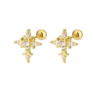 Detail of gold cross stud earrings featuring marquise-cut zircons and ball screw backs