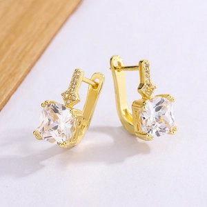 Elegant gold square stud earrings with pave crystals and large cubic zirconia main stones