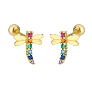 Elegant gold dragonfly stud earrings with vibrant rainbow cubic zirconia stones