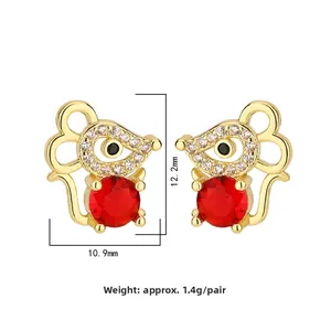Detail view of mouse earrings with red stone and dimensions 12.2mm by 10.9mm