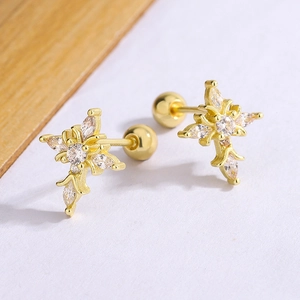 Elegant gold cross stud earrings with marquise zircons and secure screw back balls