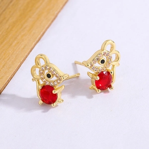 Close-up of mouse stud earrings with gold plating, red stones and white zircon accents