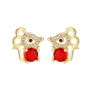 Detailed view of red zircon rat earrings with gold-plated base and sparkling pavé accents