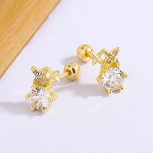 Mini gold stud earrings with 6-prong zircon and star detail for daily wear