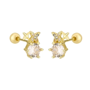 Gold star zircon stud earrings with six-prong setting and secure screw ball backs