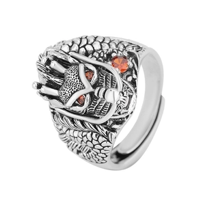 Retro dragon head ring with red zircon eyes and textured scales in vintage silver finish