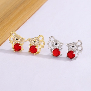 Cute Mouse Stud Earrings Copper Animal Zodiac Jewelry With Red Cubic Zirconia White Stones For Women Korean Style