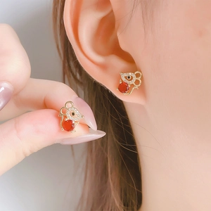 Golden mouse stud earrings with red zircon and crystal pave for women on ear