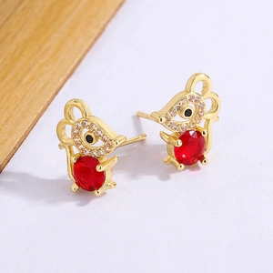 Cute gold mouse stud earrings with red crystal and cubic zirconia stones for women