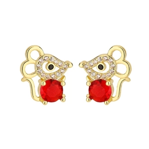 Cute mouse stud earrings with red zircon and white stones in gold-plated stainless steel