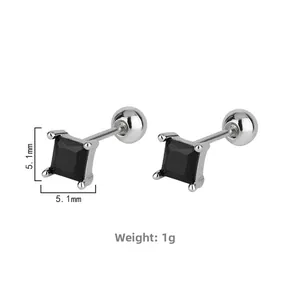 Detailed view of 5.1mm square black zircon earrings with ball screw back design
