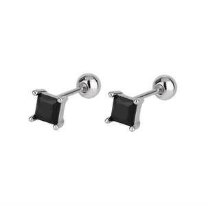 Detailed view of silver square stud earrings with black zircon and screw back closure