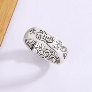 Vintage Thai silver open ring featuring relief lotus pattern and Fu character design