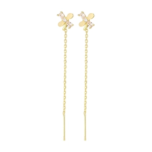 Boucles d'oreilles pendantes fleurs dorées avec zircons clairs, vue symétrique élégante