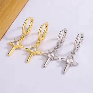 Boucles D'oreilles Créoles Huggie Pendentif Croix Cuivre Zircon Étoile Bijoux Vintage Pour Femmes Avec Tige En Argent 925