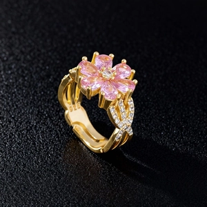 Elegant gold flower ring with pink crystal petals and adjustable S925 silver band