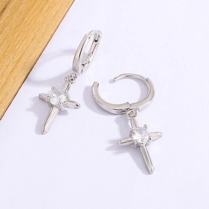 Boucles d'oreilles créoles croix en argent S925 avec zircon étoilé pour femme