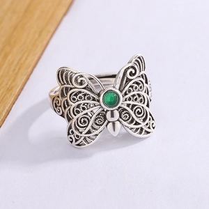 Vintage silver butterfly open ring with green stone inlay and hollow filigree design