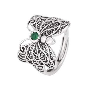 Vintage silver butterfly open ring with green jasper gemstone in minimalist style