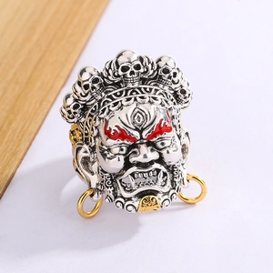 Vintage Mahakala protective deity open ring in silver and gold tone for men