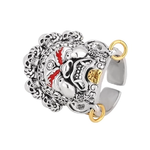 Retro punk style silver alloy open ring with ghost face and miniature skull carvings