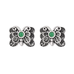 Vintage silver butterfly stud earrings with green agate and hollow filigree design