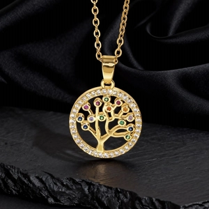 Collana con ciondolo Albero della Vita dorato con cristalli multicolore e zirconi