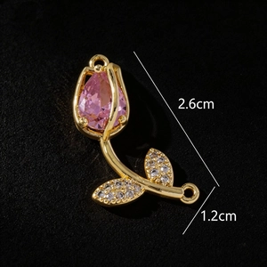 Detailed view of pink tulip pendant with dimensions 2.6cm by 1.2cm in gold plating