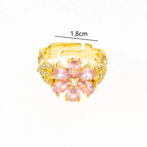 Elegant 925 silver gold plated flower open ring with pink zircon gemstones 1.8cm diameter