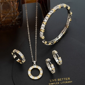 Necklace Earrings Open Ring Bracelet Copper Cubic Zirconia Dual Tone X Cross Design Fashion Jewelry For Women