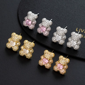 Teddy Bear Heart Stud Earrings For Women Copper Micro Pave Cubic Zirconia With Copper Earring Post Animal Jewelry