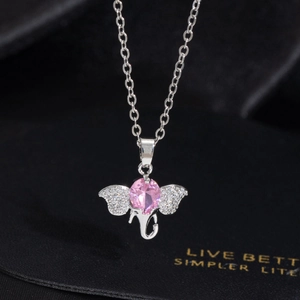 Silver elephant pendant necklace with pink pear-cut zircon and pave crystals