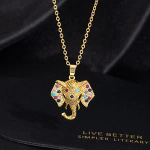 Luxury gold elephant pendant necklace with colorful zircons and classic cross chain