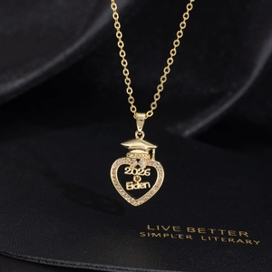 Custom 2026 graduation necklace with heart pendant and mortarboard on black silk
