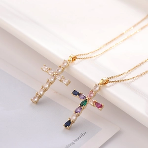 Cross Pendant Necklace Copper Gold Plated Multicolor Pear Shaped Zircon Religious Fashion Jewelry For Women