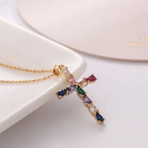 Cross necklace with gold plating and colorful teardrop cubic zirconia stones