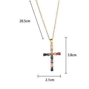 Detailed dimensions of gold cross necklace with colorful teardrop zircons
