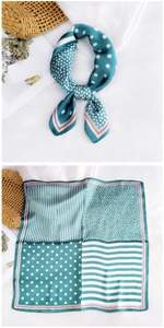 Détail du foulard carré en soie présentant des motifs patchwork géométriques vert menthe