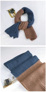 Detailed close-up of navy blue and caramel brown two-tone chunky knit scarf texture