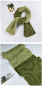 Macro detail of the chunky knit texture and three-tone green patchwork scarf