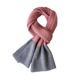 Two-tone pink and gray ribbed knit winter scarf for men and women with a cross-knot style