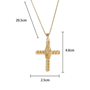 Detailed measurement of gold cross necklace with virgin mary relief and chain length
