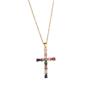 Cross pendant necklace in gold finish with vibrant colorful teardrop gemstones on a chain