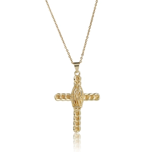 Gold-plated cross necklace with Virgin Mary relief and pave cubic zirconia accents