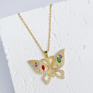 Golden butterfly necklace with colorful marquise zircons and hollow wing design