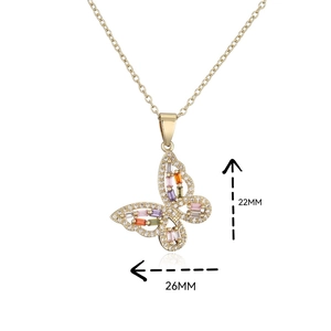 Colorful zircon butterfly necklace pendant in gold metal 26mm x 22mm size